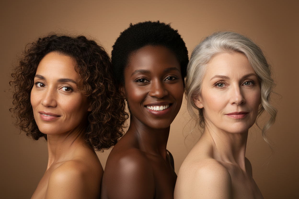 visages dégagés de trois femmes jusqu'a l'epaule, la cinquantaine, ne portant pas de t-shirt, une métisse, une noire et une blanche. l'image doit être comme vraie